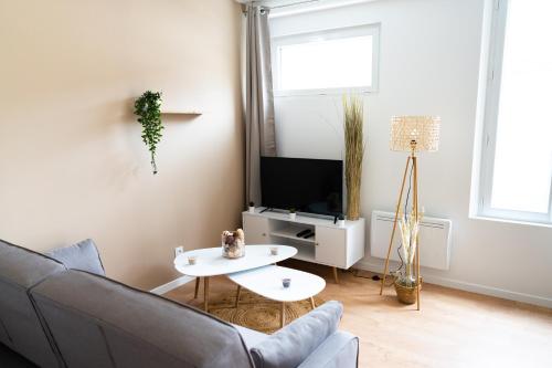 uma sala de estar com um sofá, uma mesa e uma televisão em Appartement chaleureux proche gare em Saumur