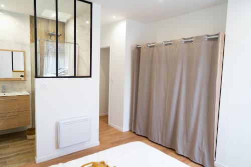 uma casa de banho com uma cortina de chuveiro e um lavatório em Appartement chaleureux proche gare em Saumur