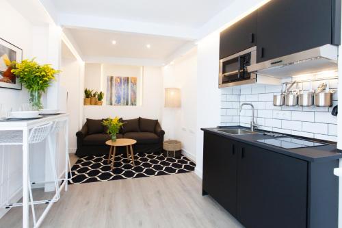 una cocina con fregadero y un sofá en una habitación en GoToSeville Molviedro Suites en Sevilla