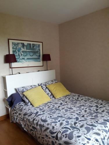 um quarto com uma cama com uma almofada amarela em Chambre dans jolie demeure em Gouesnou