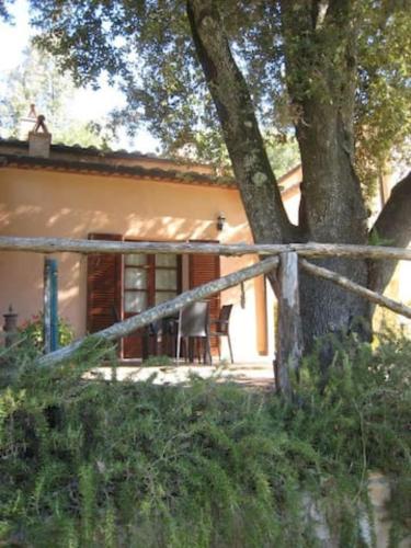 a fence in front of a house with a tree at Appartamento Il Leccio Pian delle more in Sassetta