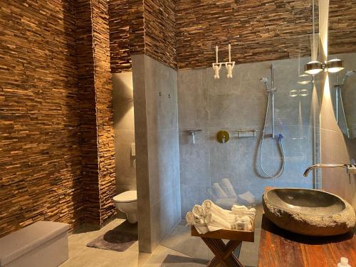a bathroom with a sink and a toilet and a shower at Pfändertraum Luxus Ferienhaus in Lochau