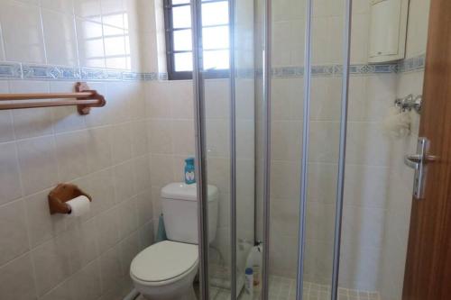 a bathroom with a toilet and a glass shower at On the beach living! 12 Calamari in Margate