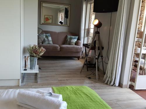 a living room with a couch and a green rug at Waterfall Bed & Breakfast in Midrand
