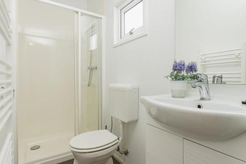 La salle de bains blanche est pourvue de toilettes et d'un lavabo. dans l'établissement Valk 4 persons, à Rijssen