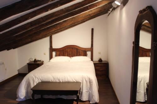 a bedroom with a large bed and a mirror at Apartamentos rurales 'Los Soportales' in Tendilla