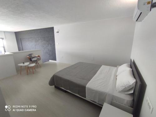 um quarto com uma cama, uma mesa e uma cadeira em Marilia apartment em Agios Nikolaos