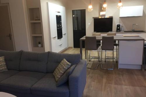 un salon avec un canapé et une cuisine dans l'établissement Meublé T2 Moderne en Hyper centre, à Vittel