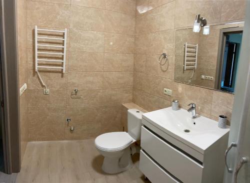 a bathroom with a toilet and a sink at Затишна однокімнатна квартира під Києвом in Kopylov