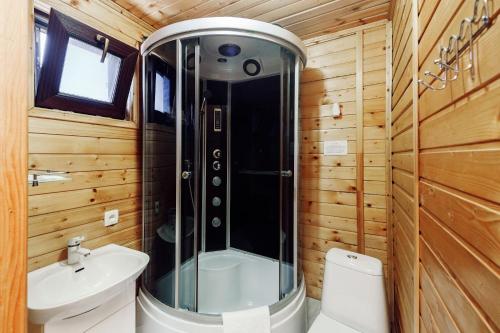 a bathroom with a shower and a toilet and a sink at Sosnovy Dvor Guest House in Sevastopol