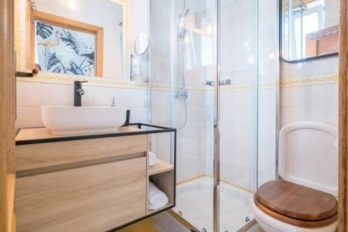 a bathroom with a shower and a toilet and a sink at Cosy Apartment Near the Center in Lisbon