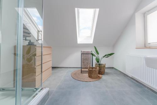 a white room with a potted plant and a window at Dach.Loft Spitz in der Wachau in Spitz