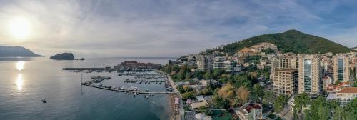 an aerial view of a city with a harbor in the water at Apartments Garden Azure Budva in Budva