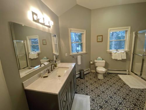 a bathroom with a sink and a toilet and a mirror at E7 Sunny Bretton Woods private home next to the slopes of Bretton Woods Hot Tub, Wifi in Carroll