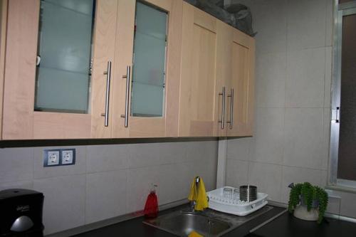 uma cozinha com armários de madeira e um lavatório em Rustic 2 bedroom apartment Poble Sec em Barcelona
