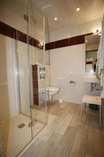 une salle de bain avec une douche, des toilettes et un lavabo dans l'établissement Contact Hôtel - Hôtel Le Lion d'Or Lamballe, à Lamballe