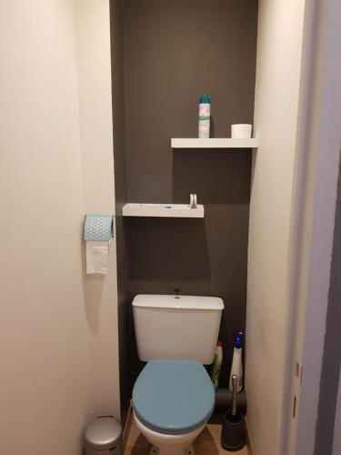 - une petite salle de bains avec des toilettes avec un couvercle bleu dans l'établissement Residence JEANNE 50 m de l'Esplanade classé 2 étoiles, à Berck-sur-Mer