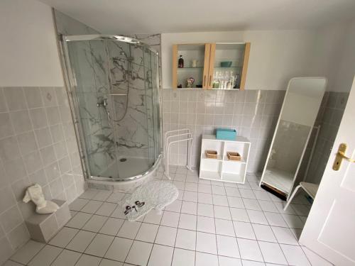 a bathroom with a shower and a tiled floor at Ferienhaus Marianne in Schwielowsee