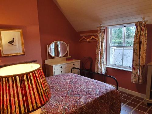 a bedroom with a bed with a mirror and a window at Killee Cottage in Mitchelstown