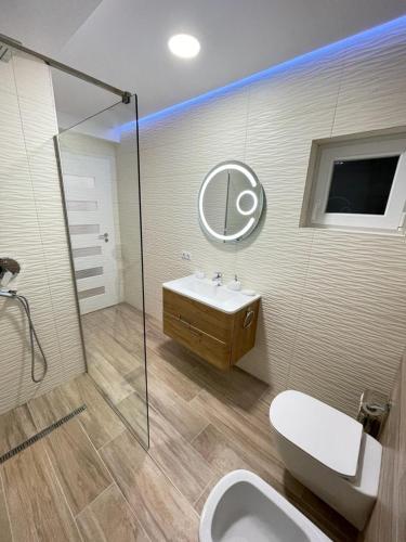 a bathroom with a toilet and a sink and a shower at Apartament confortabil Alba Iulia in Alba Iulia