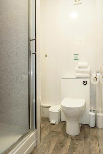 a white bathroom with a toilet and a shower at Palm Court in Skegness