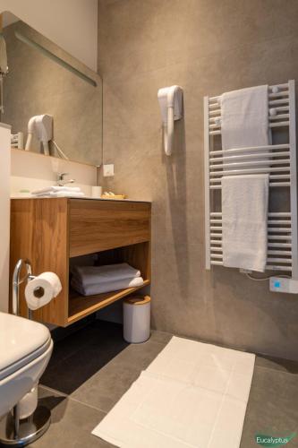 une salle de bain avec un lavabo, des toilettes et un miroir dans l'établissement Le Clos des Eucalyptus, au Plan-de-la-Tour