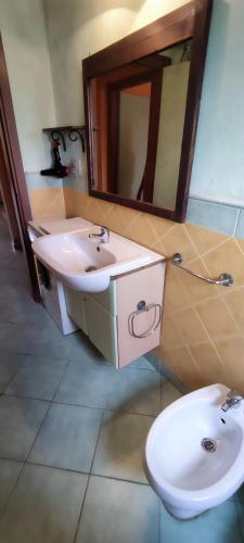 a bathroom with a sink and a toilet and a mirror at Pool Residence Apartment in Santa Maria Djasal Sal Service in Santa Maria