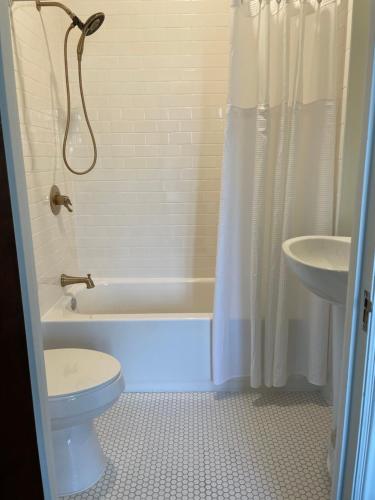 a bathroom with a toilet and a tub and a sink at The Argus Hotel & Cocktail Lounge in Albany