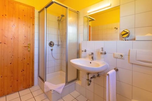 a bathroom with a sink and a shower at Hotel am Schwanberg in Rödelsee