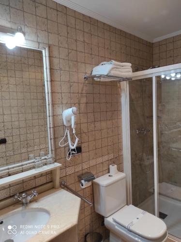 uma casa de banho com um WC, um chuveiro e um lavatório. em Puerta del Sol em Ciudad-Rodrigo