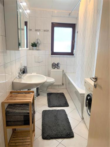 a bathroom with a sink and a washing machine at Ferienwohnung am Teutoburger Wald 2 in Oerlinghausen