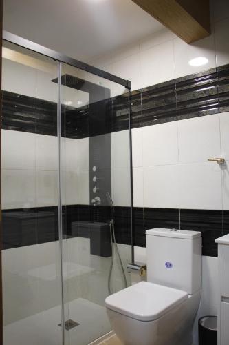 een badkamer met een toilet en een glazen douche bij Lapiaz in Mosqueruela