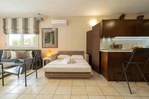 a small room with a bed and a kitchen at Sea Path Apartment in Paleo Tsifliki