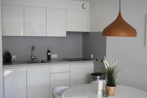 a kitchen with white cabinets and a potted plant at Appartement, Kaap 123 - Ameland in Hollum