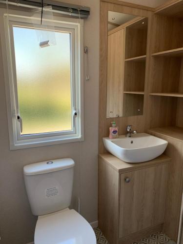 a bathroom with a toilet and a sink and a window at The Rawcliffe in Dunoon