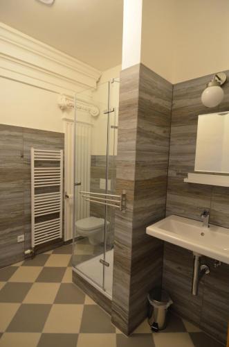 uma casa de banho com um chuveiro, um lavatório e um WC. em KostelApartmány em Liberec