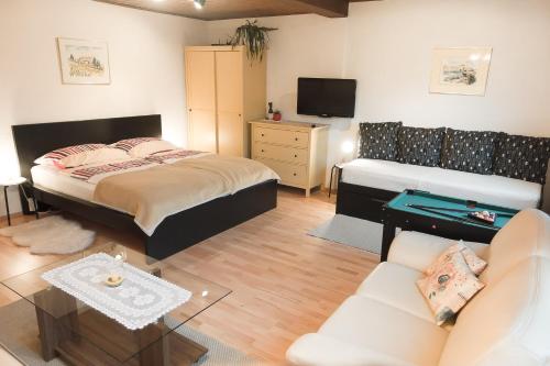 a living room with two beds and a tv at Ferienwohnung - a Auszeit in Neumarkt in Steiermark