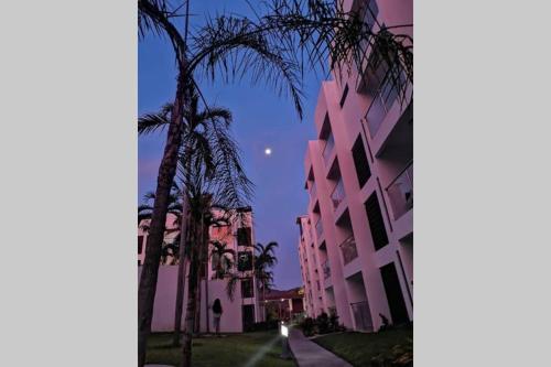 a street with palm trees in front of a pink building at Departamento de lujo en Manzanillo, planta baja frente a la alberca in Manzanillo