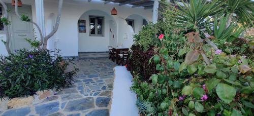 a garden with flowers and plants in front of a building at Anemomylos Houses in Koufonisia