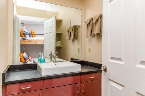 a bathroom with a sink and a mirror at Viking Lodge in Telluride