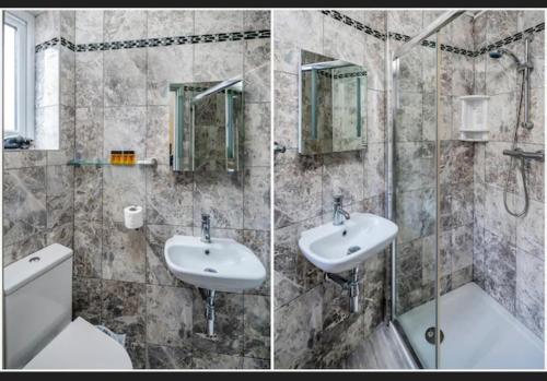 two pictures of a bathroom with a sink and a toilet at Apollo Hotel Kings Cross in London