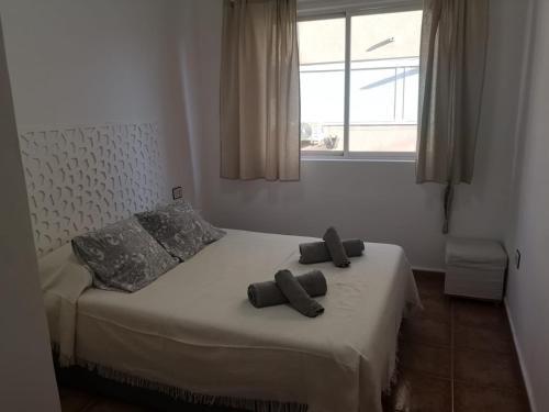 1 dormitorio con 1 cama con 2 almohadas y ventana en Bonito Apartamento, en San Pedro del Pinatar