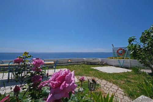 a garden with pink flowers and the ocean in the background at The View Stara Baška in Stara Baška
