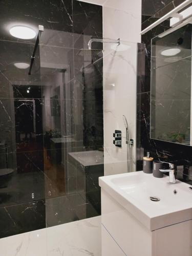 a bathroom with a white sink and a shower at Apartamenty Osmolice w Stawach in Dęblin