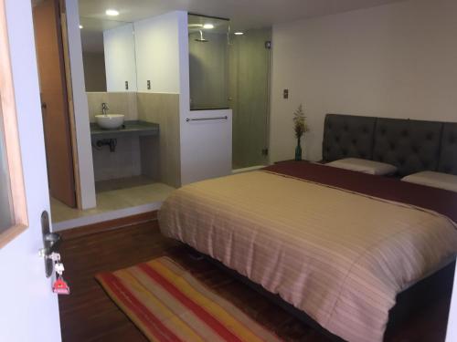 Un dormitorio con una cama y un baño con lavabo. en Casa Murillo N826, en La Paz