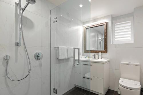 a bathroom with a shower and a toilet and a sink at Queenstown House Lakeside in Queenstown