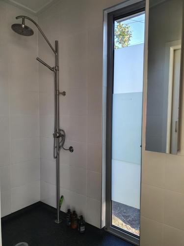 eine Dusche mit Glastür im Bad in der Unterkunft The Cube in Martinborough 