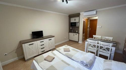 1 dormitorio con 1 cama y escritorio con TV en Dalma Apartment, en Gyula
