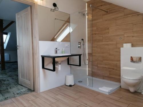 a bathroom with a shower and a sink and a toilet at SmartRooms in Olsztyn
