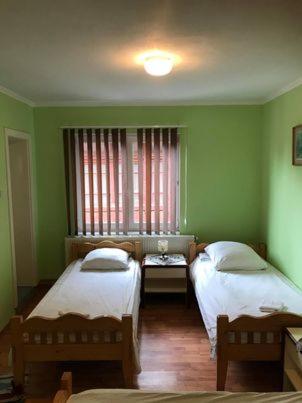 a green room with two beds and a window at Engi Panzió in Ocna de Sus